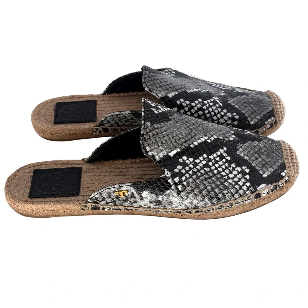 Tory Burch Mules Espadrille Python Embossed Leather Tricolor‎ Women 7 Black Gray